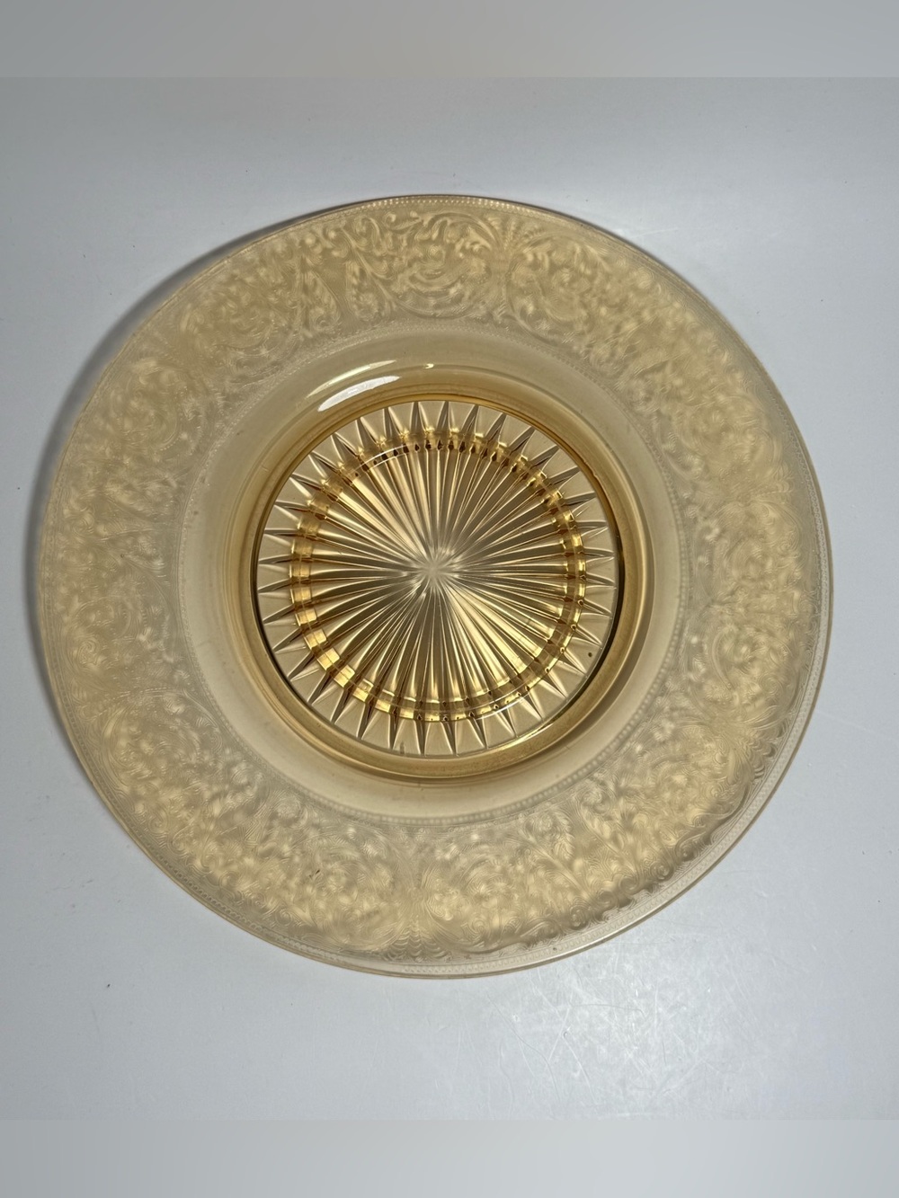 Vintage Amber Depression Glass Dinner Plate Etched Floral Scroll 10”